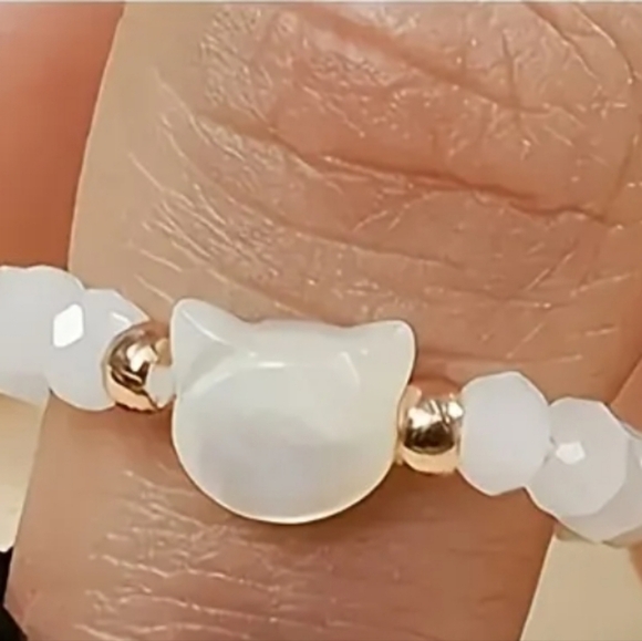 Elegant White and Gold Cat Charm Bracelet Adjustable Ring - Picture 1 of 1